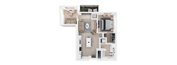 A top-down view of a modern apartment with a kitchen, living room, and bedroom.
