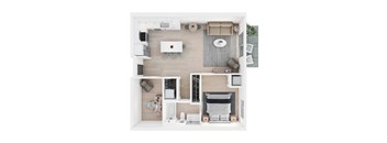 A top-down view of a modern, minimalist apartment with a kitchen, living room, and bedroom.