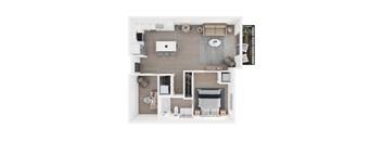 A top-down view of a modern, minimalist apartment with a kitchen, living room, and bedroom.