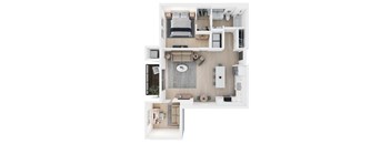 A top-down view of a modern, minimalist apartment layout.