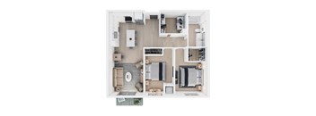 A top-down view of a modern apartment layout with a kitchen, living room, and bedrooms.