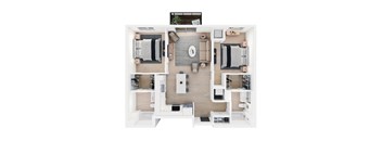 A top-down view of a modern apartment layout with a kitchen, living room, and bedrooms.
