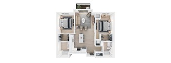 A top-down view of a modern apartment layout with a central living area, two bedrooms, and a kitchen.