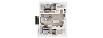 A top-down view of a small apartment with a bed, a couch, a table, and a kitchenette.