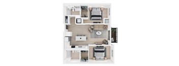 A top-down view of a small apartment with a kitchen, living room, and bedroom.