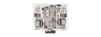 A top view of a modern living room with a dining area and kitchen.