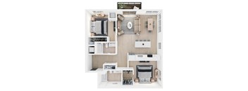 A top-down view of a small, neatly organized apartment with a kitchen, living room, and bedroom.