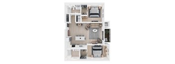 A top-down view of a modern apartment with a kitchen, living room, and bedroom.