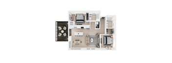 A top-down view of a modern, minimalist apartment with a kitchen, living room, and bedroom.