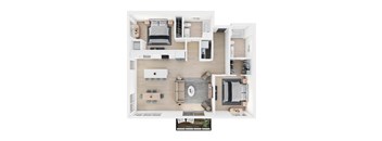 A top-down view of a modern, minimalist apartment layout.
