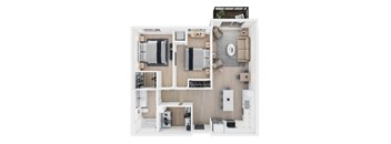 A top-down view of a modern, minimalist apartment with a kitchen, living room, and bedroom.