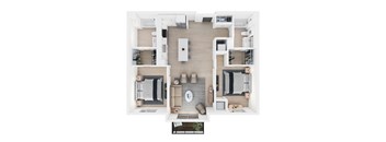 A top down view of a modern apartment with a kitchen, living room, and bedroom.