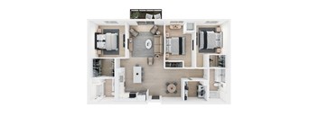 A top-down view of a modern apartment layout with a kitchen, living room, and two bedrooms.