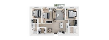 A top-down view of a modern apartment layout with a living room, kitchen, and bedrooms.