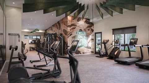 A gym with a variety of equipment including treadmills, weights, and exercise machines.