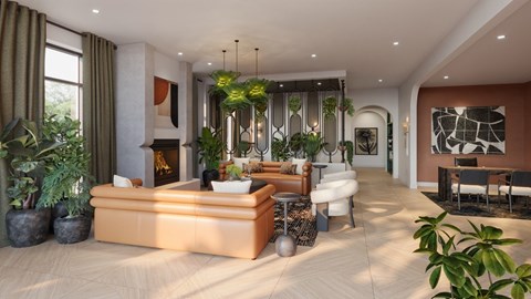 A modern living room with a fireplace and a large painting on the wall.