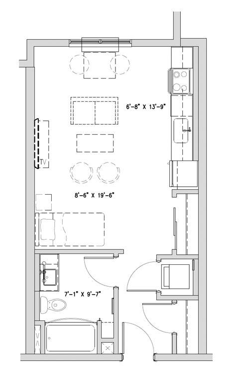 a floor plan of a small house with a bedroom and a living room