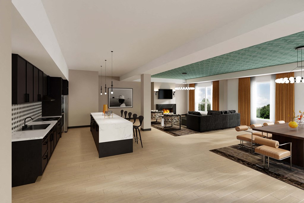 a rendering of an entertainment suite with a kitchen and dining room