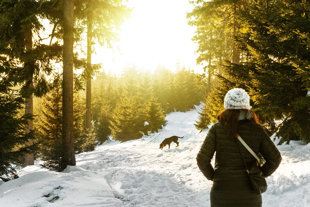 a woman standing in the snow with a dog