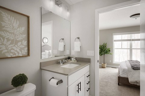 A bathroom with a toilet, sink, and mirror.