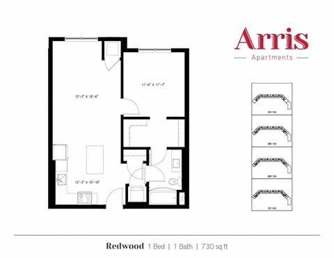 A floor plan for a 1 Bed | 1 Bath apartment from Arris Apartments.