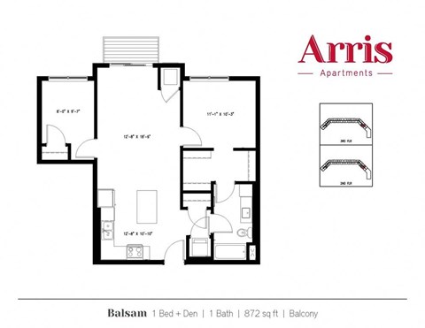 A floor plan for a 1 bedroom apartment with den, bath, and balcony.