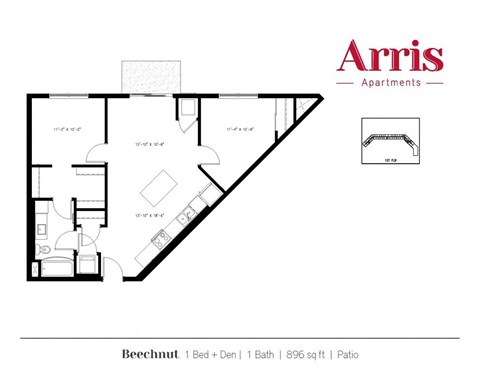 A floor plan for a 1 bedroom apartment with a den and a bath, measuring 896 square feet with a patio.