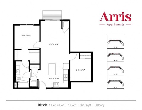A floor plan for a 1 Bed + Den apartment with 1 Bath and a total area of 875 sq ft.