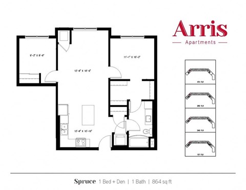 A floor plan for a Spruce apartment from Arris Apartments.