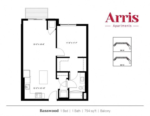 A floor plan for a one bedroom apartment in Basswood building by Arris Apartments.