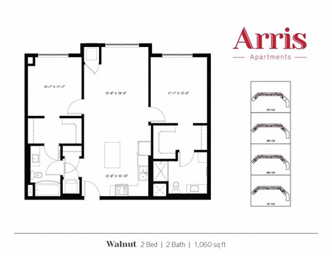 A floor plan for a 2 bedroom, 2 bathroom apartment sized at 1,060 sq ft.