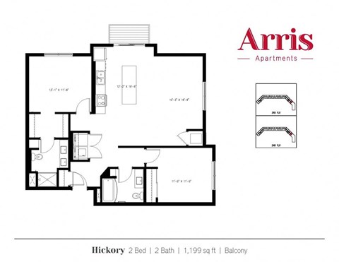 A floor plan for a 2 bedroom, 2 bathroom apartment at Arris Apartments.