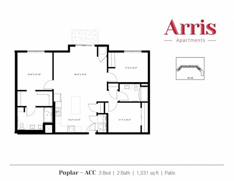 A floor plan for a 3 bedroom apartment with 2 bathrooms and a patio.