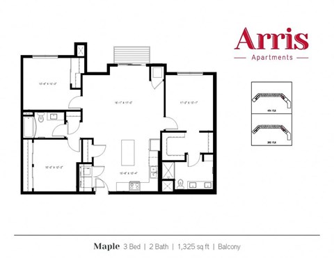 A floor plan for a 3 bedroom, 2 bathroom apartment sized at 1,325 square feet in the Arris Apartments.