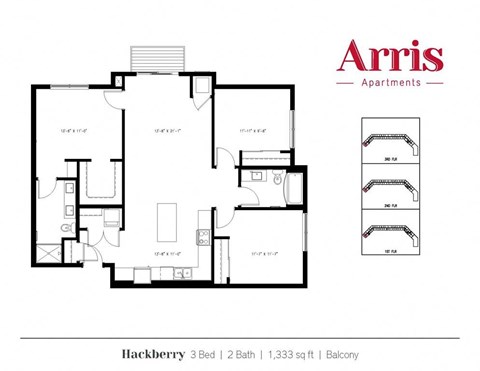 A floor plan for the Hackberry 3 Bed 2 Bath apartment at Arris Apartments.