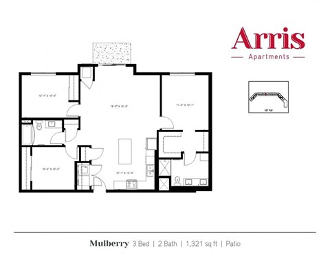 A floor plan for a 3 bedroom apartment with 2 bathrooms and a patio.