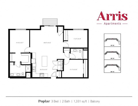 A floor plan for a 3 bedroom, 2 bathroom apartment by Arris Apartments.