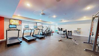 A gym with treadmills, exercise bikes, and other equipment.