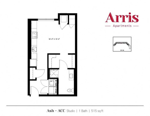 A floor plan for a studio apartment with a bathroom and a total area of 515 square feet.