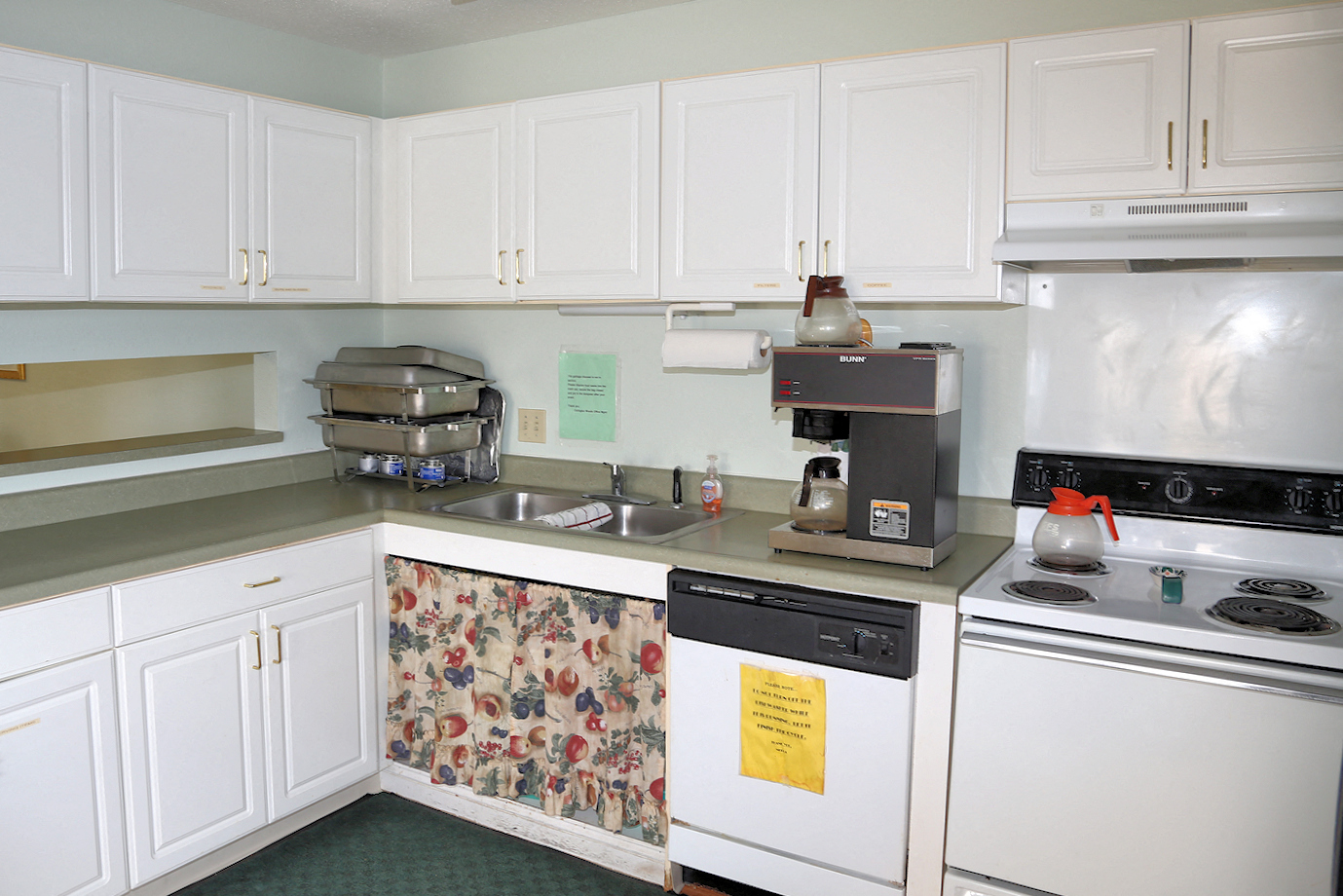 A kitchen with white cabinets and a floral dishwasher.