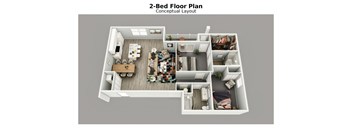 A 2-bed floor plan layout with a living room, kitchen, and bathroom.