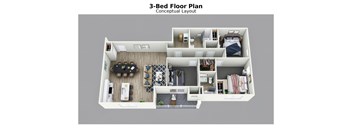 A 3-bed floor plan layout for a house.