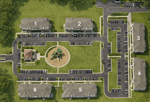 A bird's eye view of a residential area with a clubhouse and six houses.