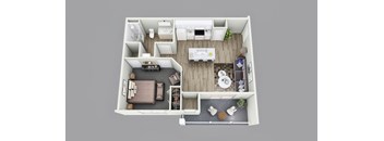 A top-down view of a small apartment with a kitchen, living room, and bedroom.