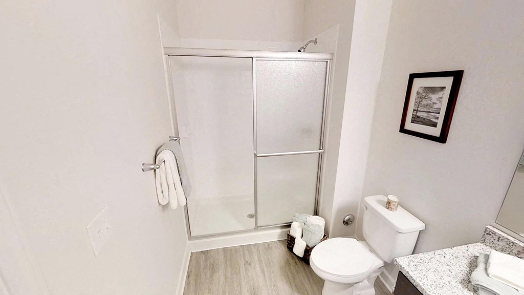 a bathroom with a toilet and a shower