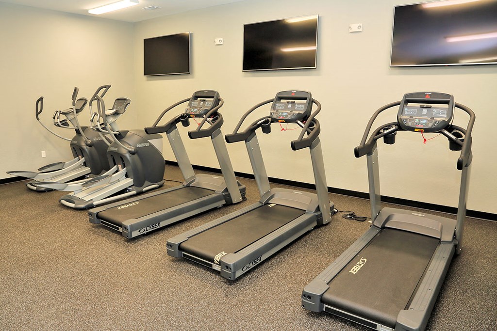 a row of exercise equipment in a gym