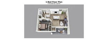 A 1-Bed Floor Plan Conceptual Layout is shown in the image.