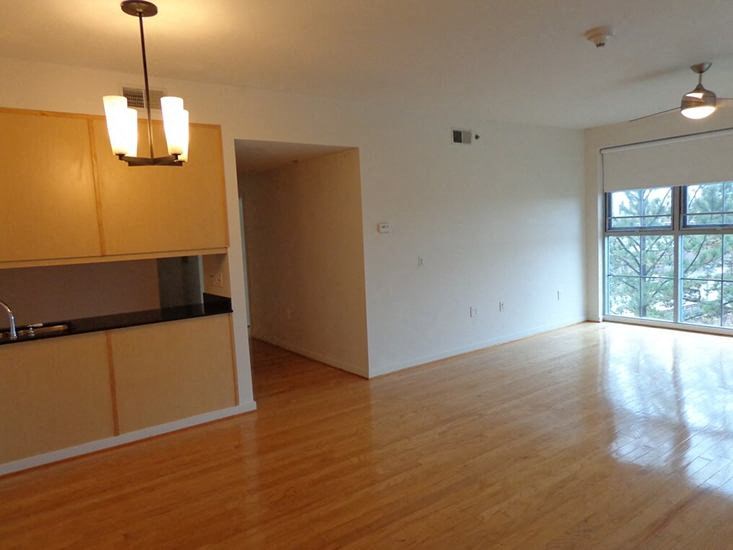 an empty living room with a wood floor and a window