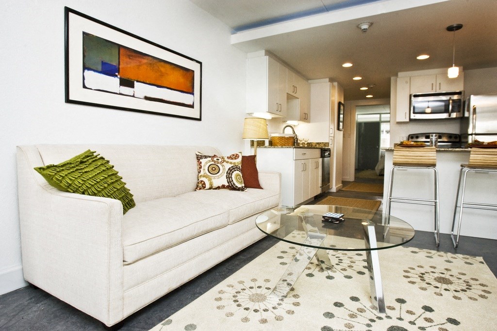 Living Room With Kitchen View at The Palms on Main, South Carolina, 29201