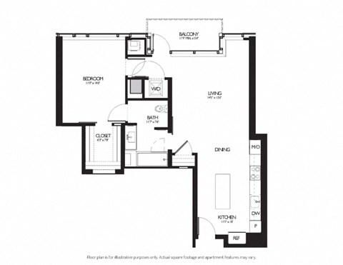 1 Bed 1 Bath Floor Plan at Two Lincoln Tower, Bellevue, Washington